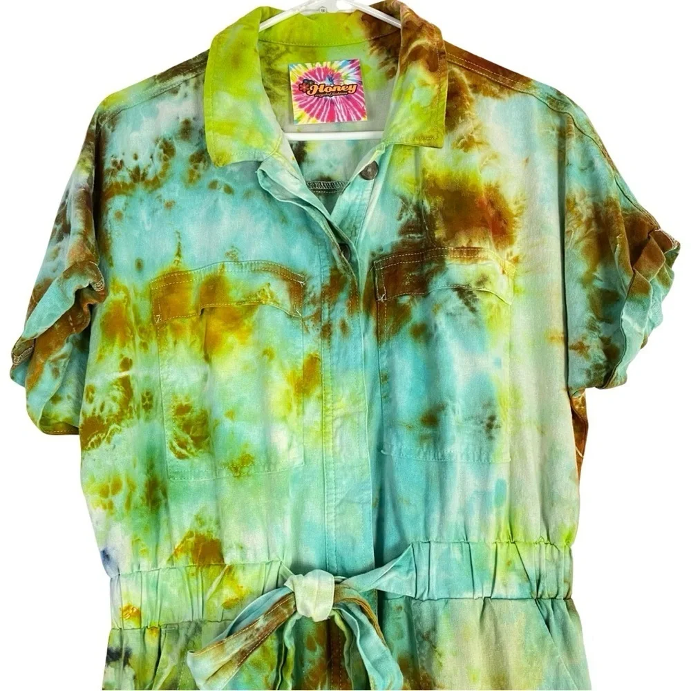 Handmade Tie Dye Jumpsuit Womens Size 8 Linen Jumper Pants Straight Leg Romper - Picture 3 of 14